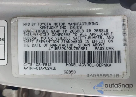 2003 Toyota Camry Le from USA, damaged, VIN 4T1BE32K23U760661